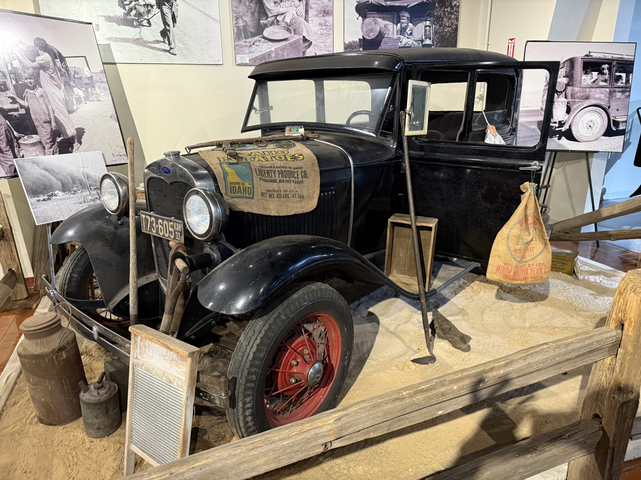 Dust Bowl exhibit: Ford Model A Tudor with Kansas 1933 plate