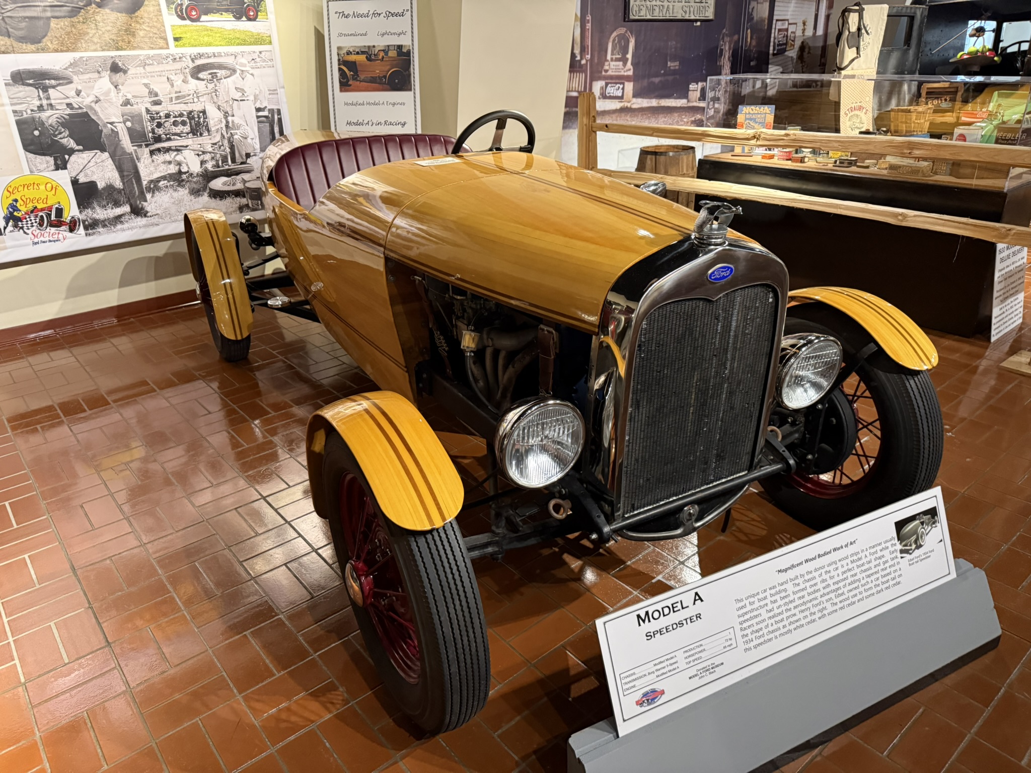 Wood-bodied Model A speedster with boat-tail, white cedar